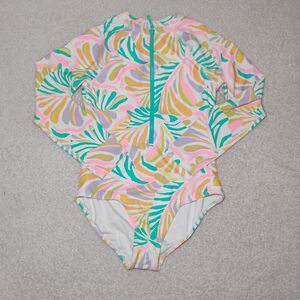 Long Sleeve One Piece Girls Bathing Suit Colorful Tropical  Girl Size 14/16
